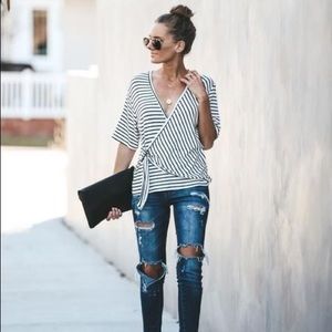 Bailey Striped Knit Belted Wrap Top - White/Black